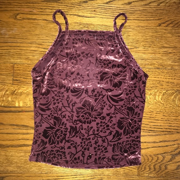 Garage Tops - Velvet High Neck Flower Tank Top Crop Top